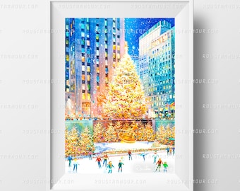 ROCKEFELLER CENTER CHRISTMAS Tree New York Skating Rink Christmas Ice Skate. Print from an original painting by Roustam Nour