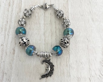 Aqua Glass Wire Bracelet, Aqua Glass Charm Bracelet, Dragonfly Charm Bracelet, Crescent Moon Charm Bracelet - To The Moon And Back