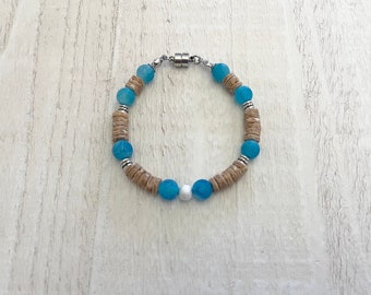 Blue Agate Wire Bracelet, Blue Agate Wire Wrap Bracelet, Puka Shell Bracelet, Natural Puka Shell Bracelet - Shell Yeah