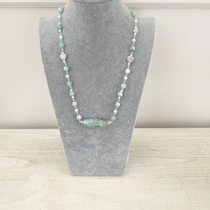 Angelite Necklace, Aqua Agate Necklace, Aqua Gemstone Wire Necklace, Dragon Skin Agate Grade AAA -  Mint Frost