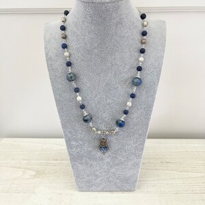 Lapis Lazuli Wire Beaded Necklace, Lapis Lazuli Beaded Pendant Necklace, Long Lazuli Beaded Necklace, Owl Pendant Beaded Necklace - ArtzyOwl