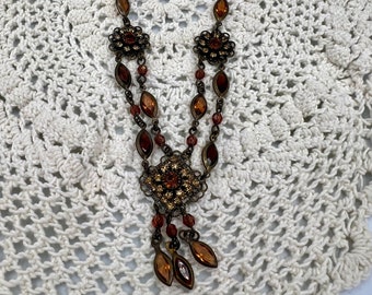 Vintage Avon Filigree Necklace With Brown Topaz and Citrine Rhinestones