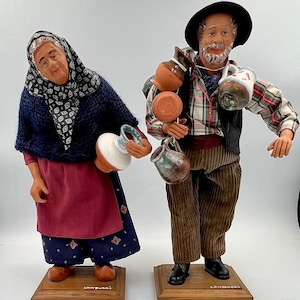 Vintage Authentic French Terracotta Santons, Old Couple With Pots