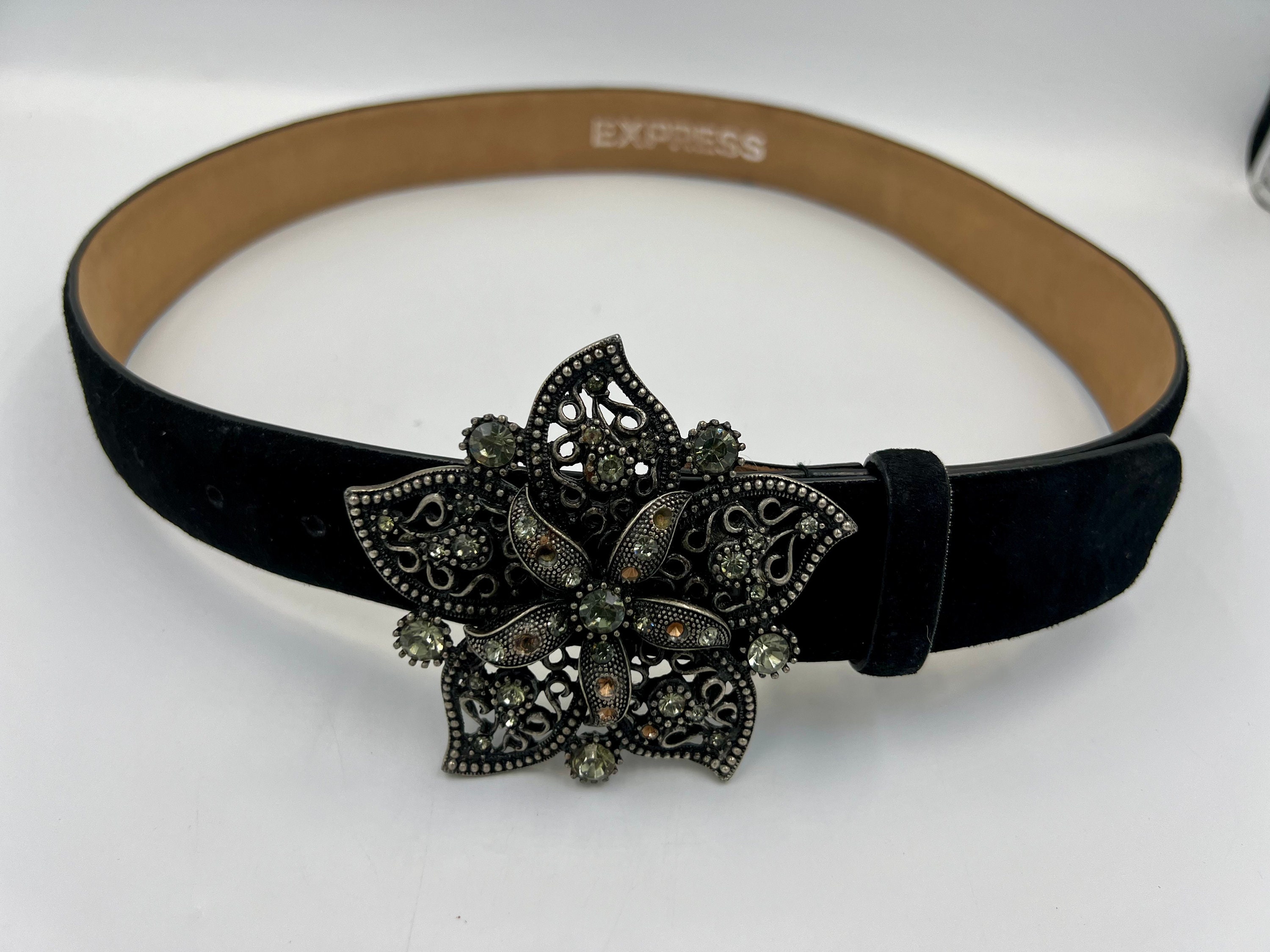 Vintage Black Suede Belt With Rhinestone Flower Buckle by 