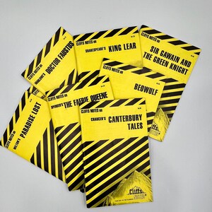 May include: A stack of yellow and black striped paperback books with the title "Cliffs Notes" on each cover. The books are for various classic literature titles, including "Doctor Faustus", "King Lear", "Sir Gawain and the Green Knight", "The Faerie Queene", "Canterbury Tales", "Paradise Lost", and "Beowulf".