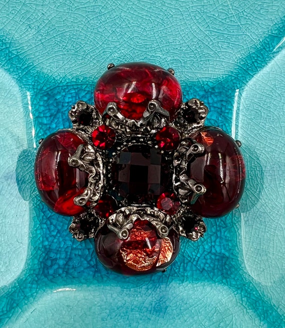 Vintage Ruby Red Acrylic Cabochon Brooch - image 1