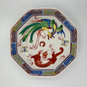 Vintage Octagonal Chinese Dragon and Phoenix Bowl
