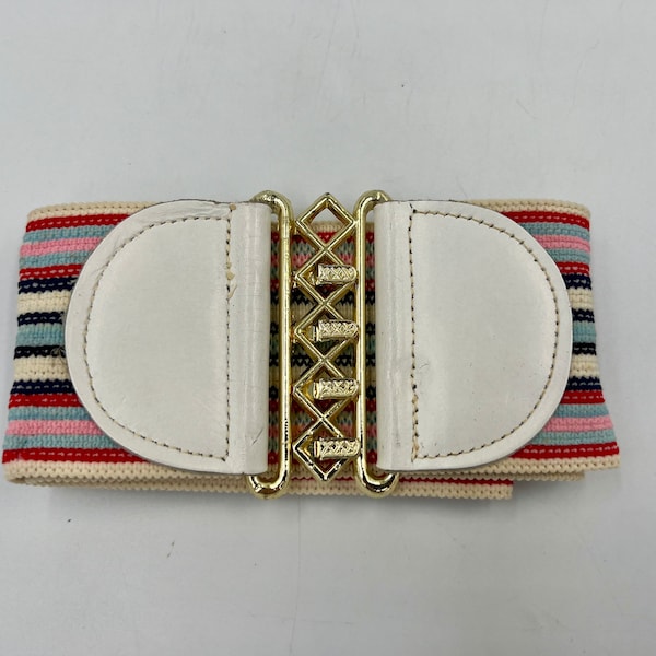 Vintage Wide Striped Stretch Belt With Gold Toned Buckle