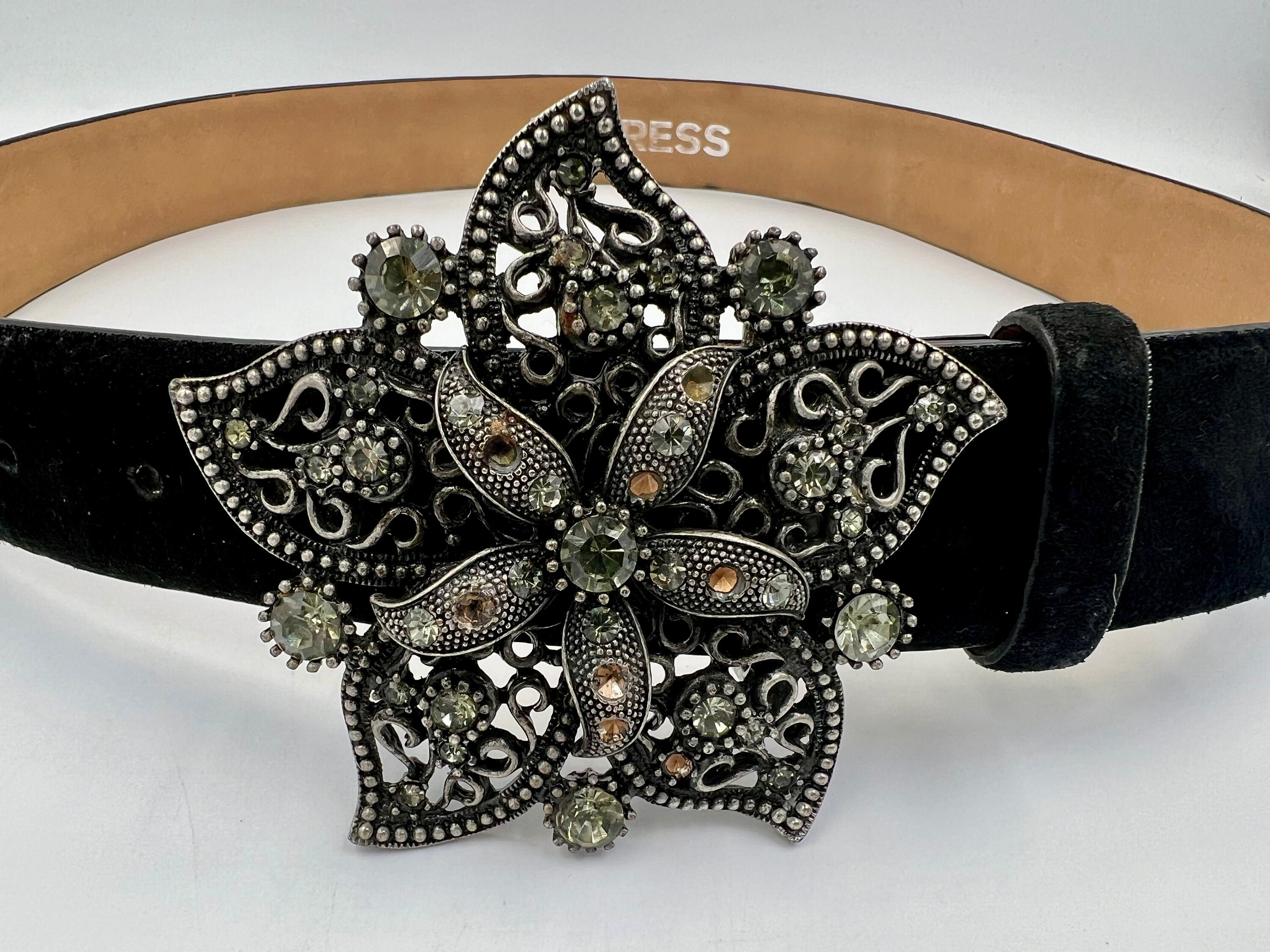 Express large black suede vintage belt Vintage Black Suede Belt With Rhinestone Flower Buckle by  main image 4