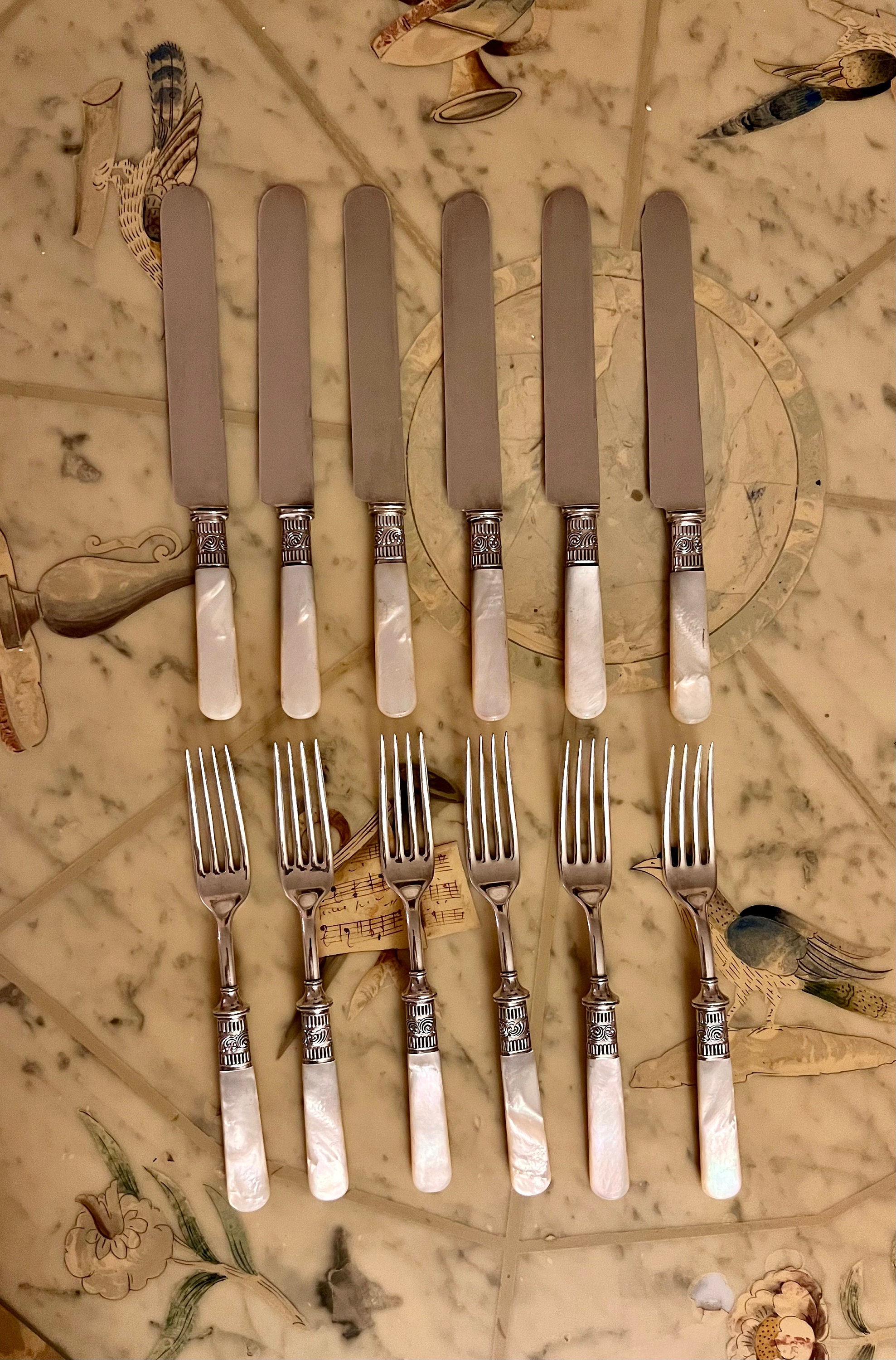 Set of 12 Victorian Era Sterling Silver Pearl Handled Knives