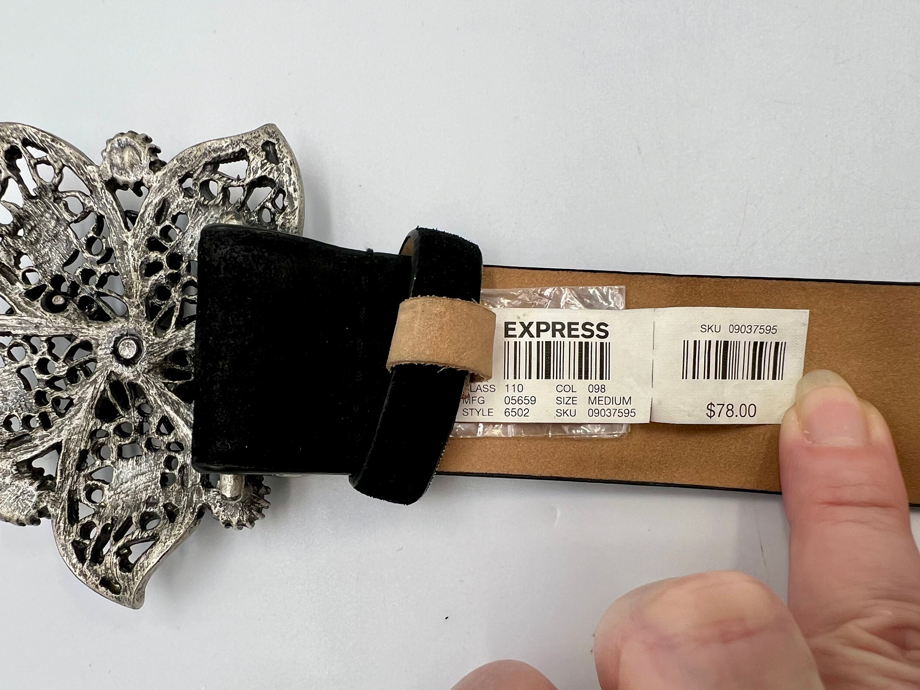 Express large black suede vintage belt Vintage Black Suede Belt With Rhinestone Flower Buckle by  main image 3