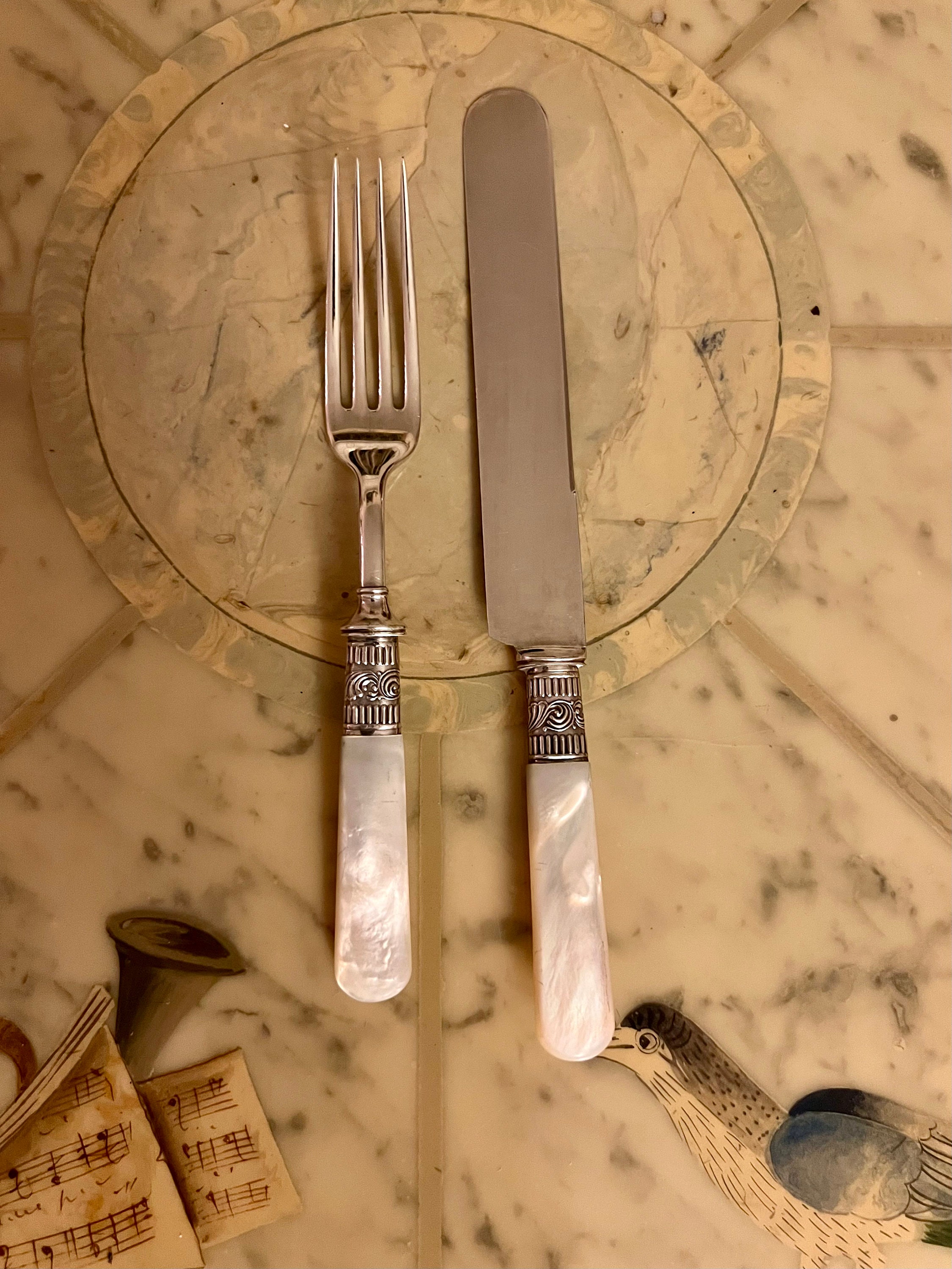 Set of 12 Victorian Era Sterling Silver Pearl Handled Knives