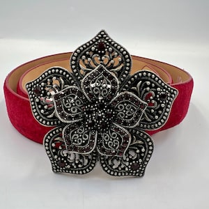 Vintage Burgundy Suede Belt With Ruby Rhinestone Buckle