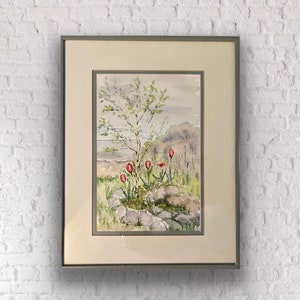 Original Framed Vintage Watercolor Painting “Red Tulips”