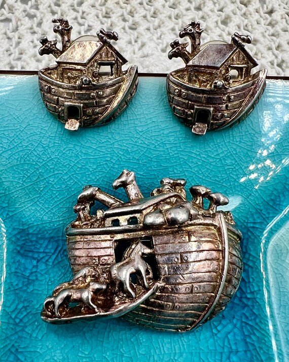 Vintage Noah’s Ark Brooch and Pierced Earrings Set