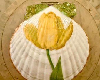 Handmade Yellow Tulip Scallop Shell Compact Style Hinged Box