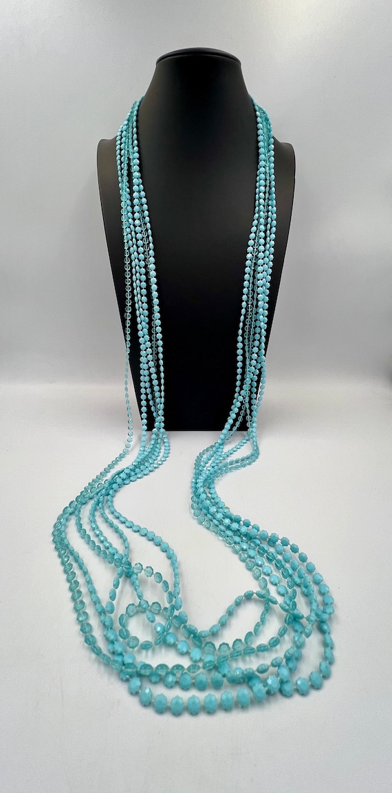 Long Vintage Aqua Beaded 6 Strand Necklace