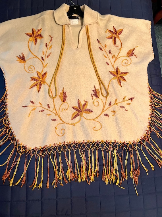 Vintage Embroidered Fringed Poncho Made in Mexico