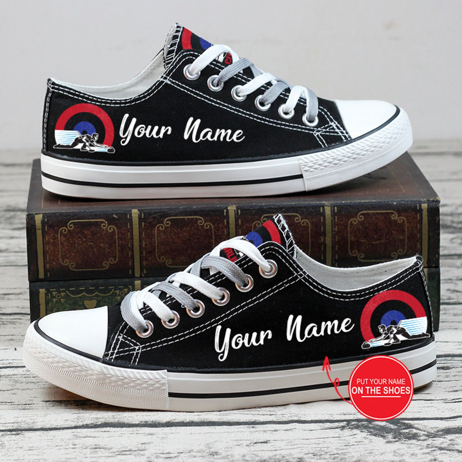 Curling Custom Personalized Name Black Low Top Shoes
