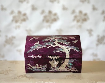 Korean Handmade Mother of Pearl Purple Traditional Paper Layered Jewelry Box with Pine Tree and Crane Pattern (자개 한지 송학문 보석함)
