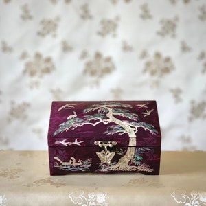 Korean Handmade Mother of Pearl Purple Traditional Paper Layered Jewelry Box with Pine Tree and Crane Pattern (자개 한지 송학문 보석함)