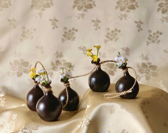 Korean Traditional Handmade Earthenware Set of 5 Miniature Vases for Hanging Ornament (옹기 걸이용 장식)