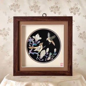 Beautiful Korean Traditional Handmade Craftwork Made of Mother of Pearl with Magnolia and Birds Pattern in Wooden Frame (자개 원패 목련 조문 액자)