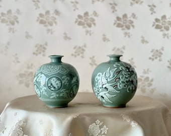 UNIQUE Korean Traditional Handmade Celadon Set of Two Vases with Crane and Cloud Pattern (청자 학문 호 세트)