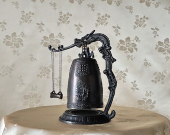 Bell of King SeongDeok- Korean Traditional Handmade Miniature of Metal Dark Brass Bell with Dragon Shaped Holder Middle Size (성덕대왕 신종 중형)