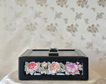 Exquisite Korean Traditional Handmade Craft Embroidery (Jasu) Box with Peony Pattern (손자수 목단문 반짇고리 함)