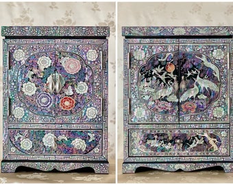 Royal Korean Traditional Handmade Mother of Pearl Set of 2 Big Double Door Jewelry Boxes (자개 양문 보석함 세트)