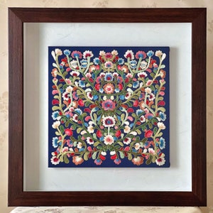 Korean Traditional Big Size Handmade Craft Embroidery (Jasu) with Vines Pattern on Navy Silk in Wooden Frame (대형 당초문 손자수 액자)