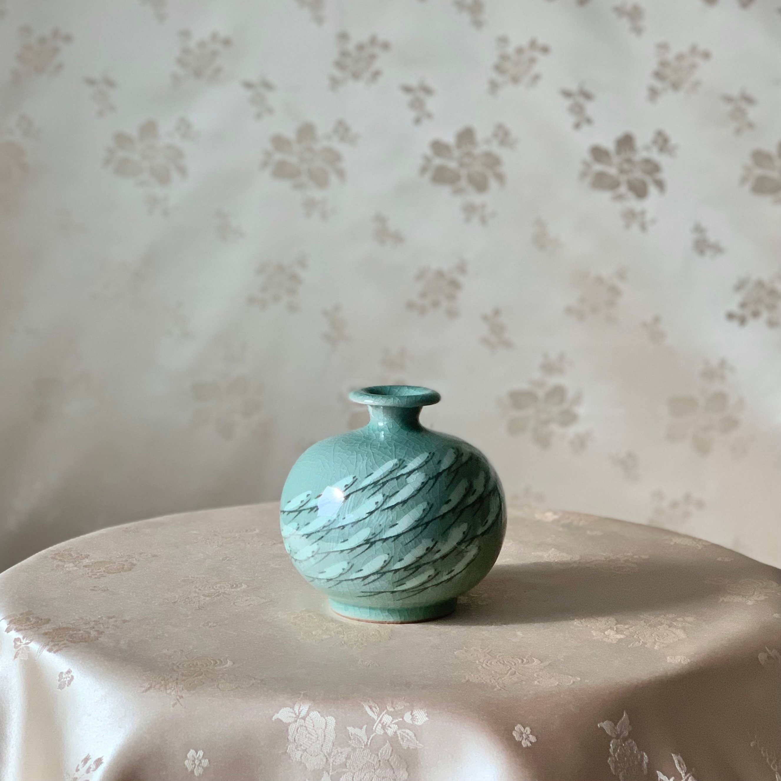 Korean Celadon Vase: Refined-Size with Inlaid Minnow Motif