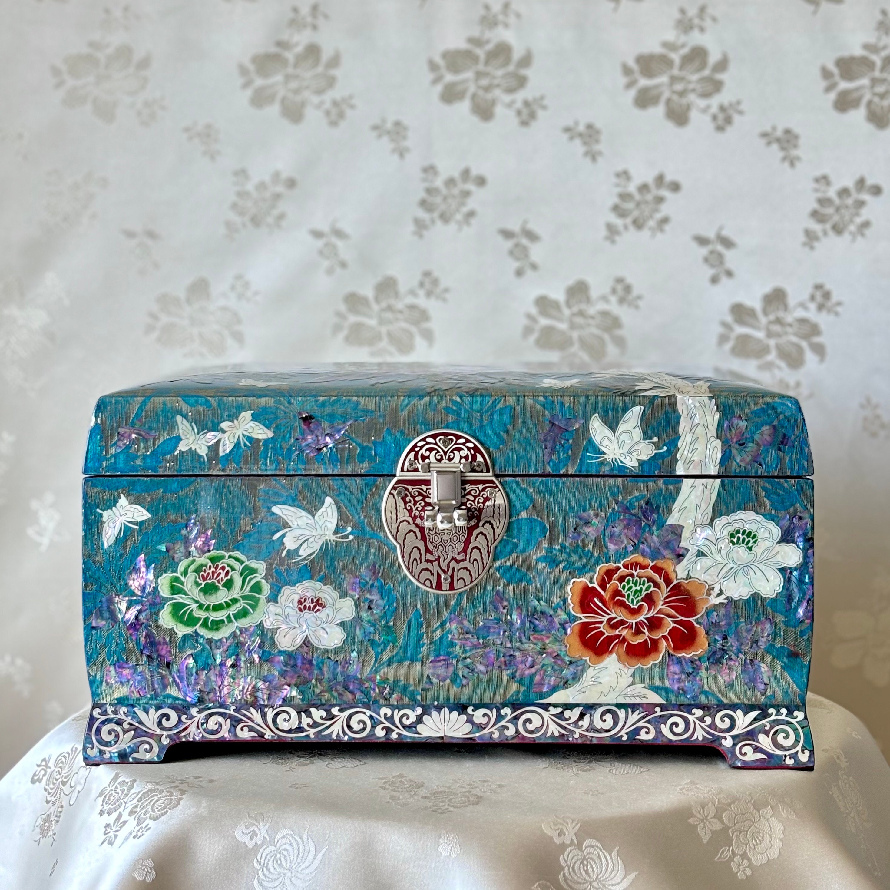 One of a Kind Cyan Blue Silk-Layered Korean Mother of Pearl Wooden Jewelry Box with Peony and Butterfly Pattern (자개 비단 금사 호접 목단문 보석함)