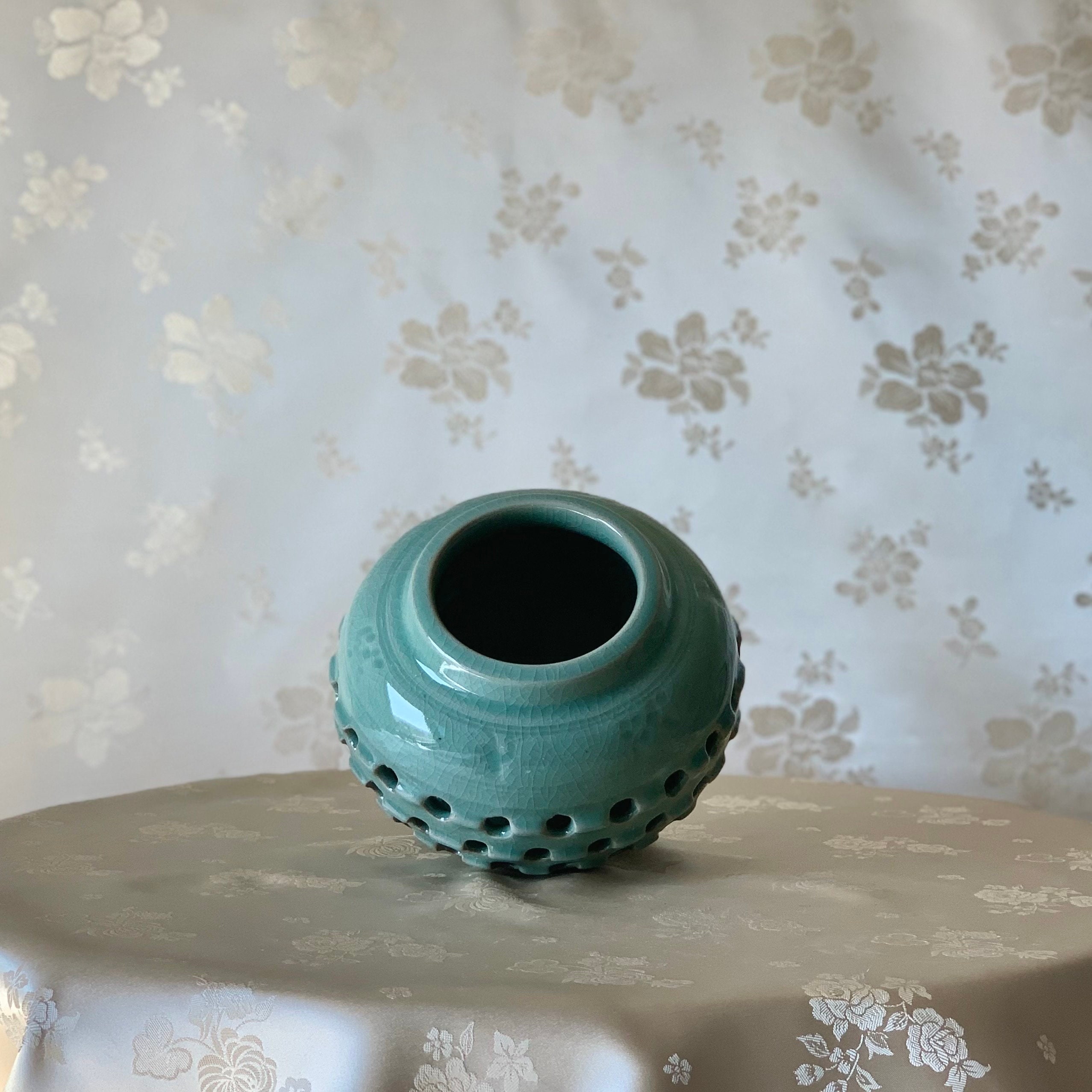 海剛 作 象嵌大壺 高さ43cm 鶴文 大型花瓶 韓国青磁 美