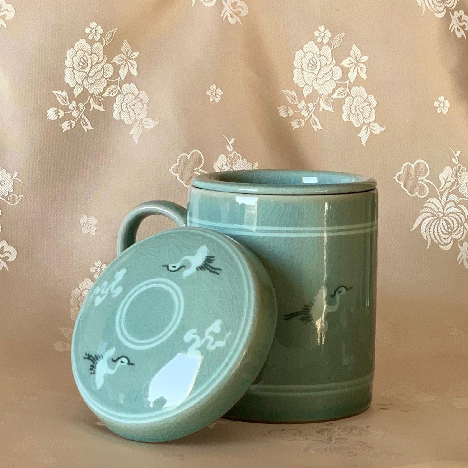 Korean Traditional Celadon Tea Cup With Infuser Cranes Pattern Etsy