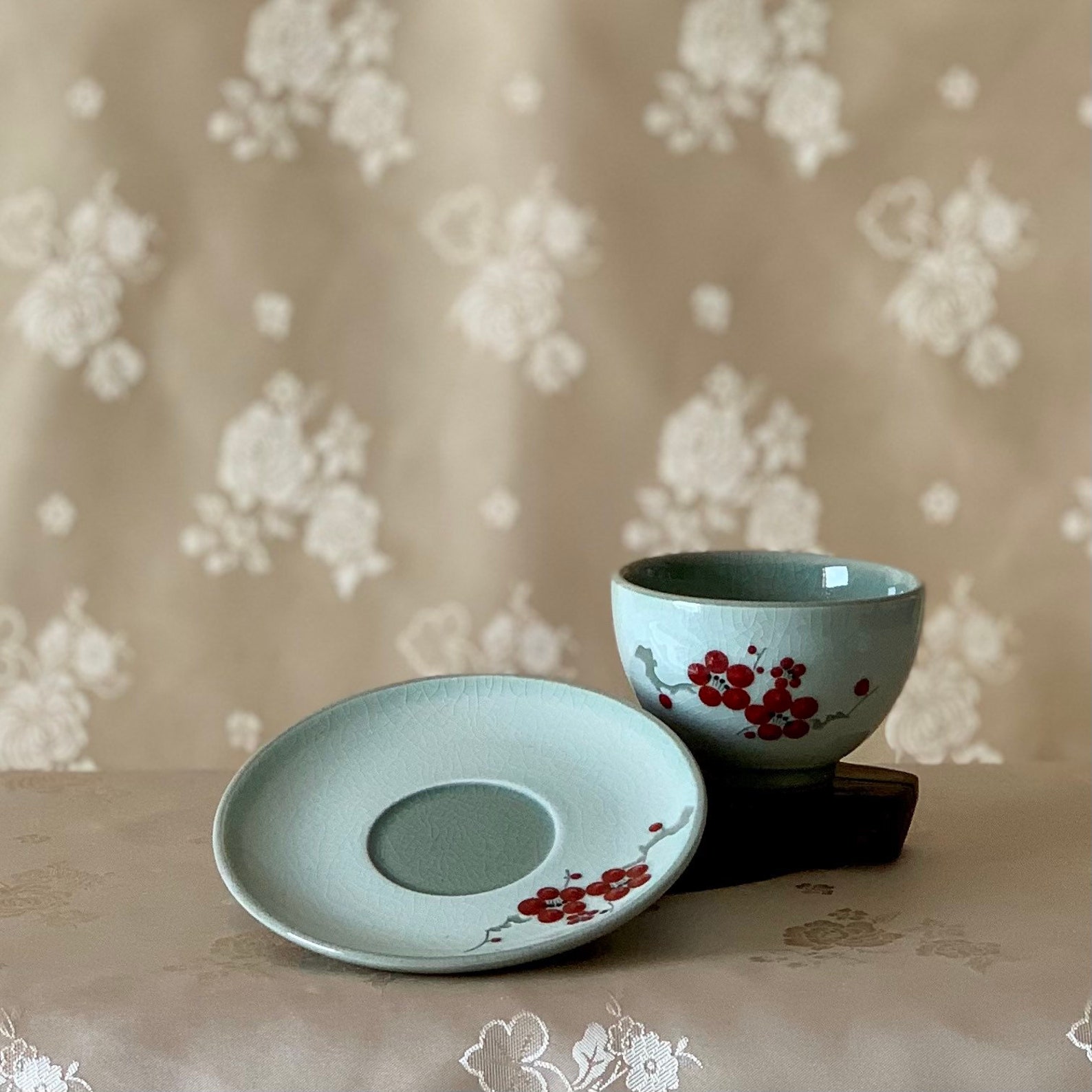 Korean traditional Celadon tea set red flower pattern Etsy