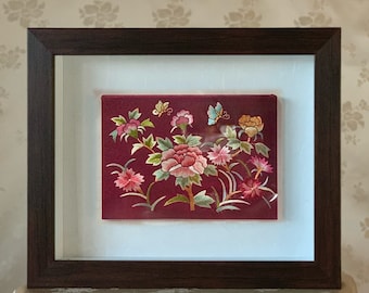 Korean Traditional Handmade Craft Embroidery (Jasu) with Peony Pattern on Wine Silk in Wooden Rectangle Frame (손자수 호접 목단문 액자)