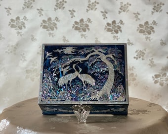 Korean Mother-of-pearl Jewelry Box: Pine and Crane Tree Motif on