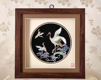 Korean Traditional Handmade Mother of Pearl Artwork in Square Frame with Crane and Pine Tree Design in Original Shell (자개 원패 송학문 액자)