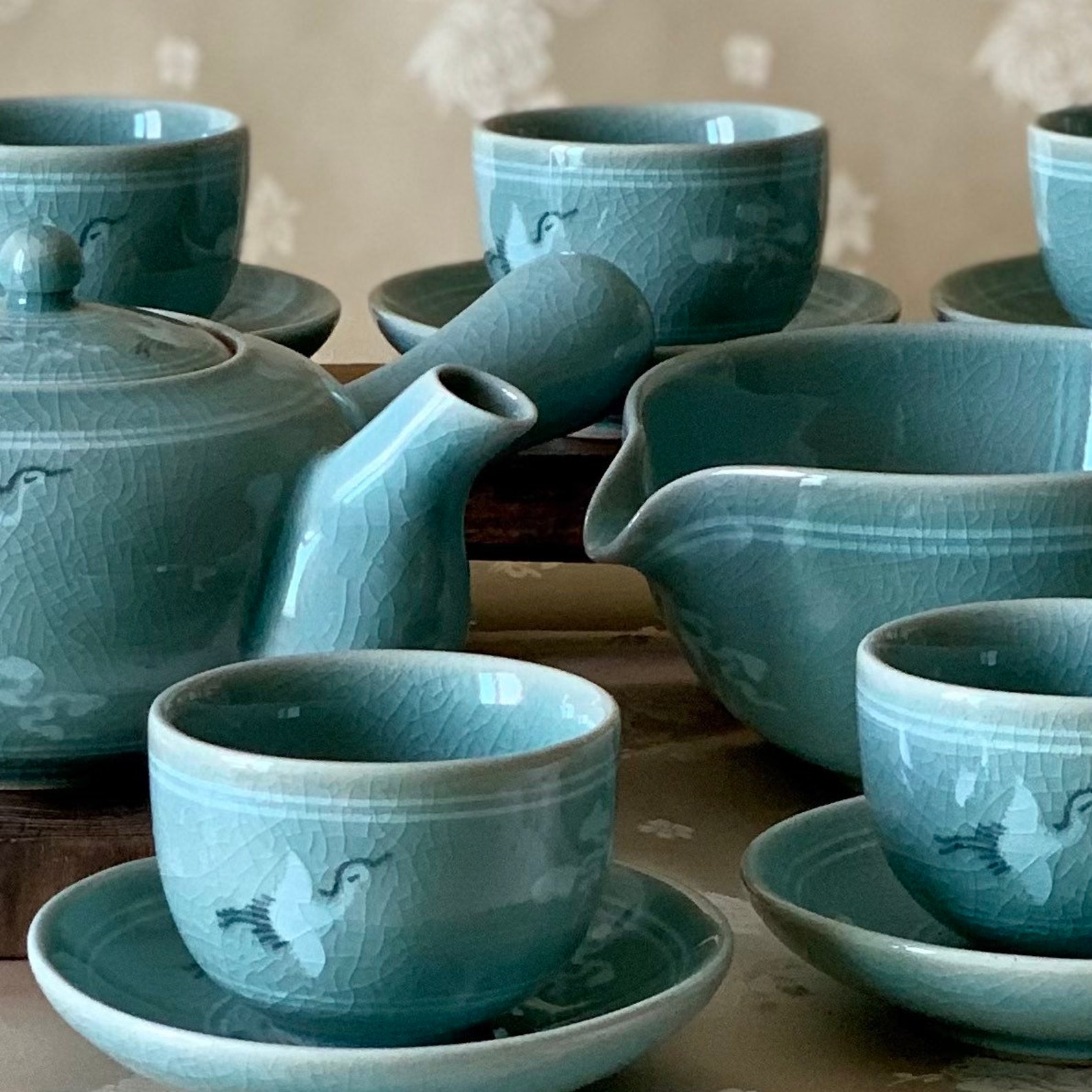 Korean Traditional Celadon Tea Set Cranes and Clouds Pattern Etsy