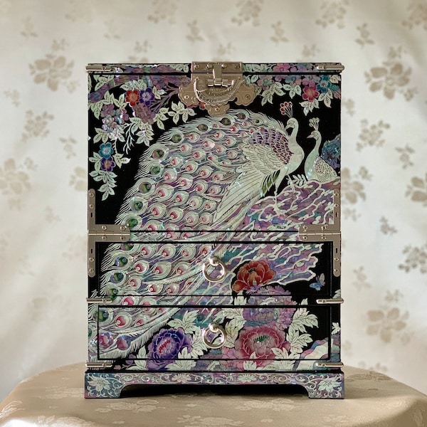 Korean Mother-of-Pearl Bandaji Chest: Peacock and Peony Motif Jewelry Cabinet