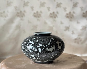 Korean Celadon Vase: Black White Peony Scroll Design, Handmade Inlaid Pottery Home Decor