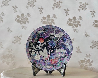 Astonishing Korean Traditional Mother of Pearl Handmade Plate with Pine and Crane Pattern (자개 송학문 접시)