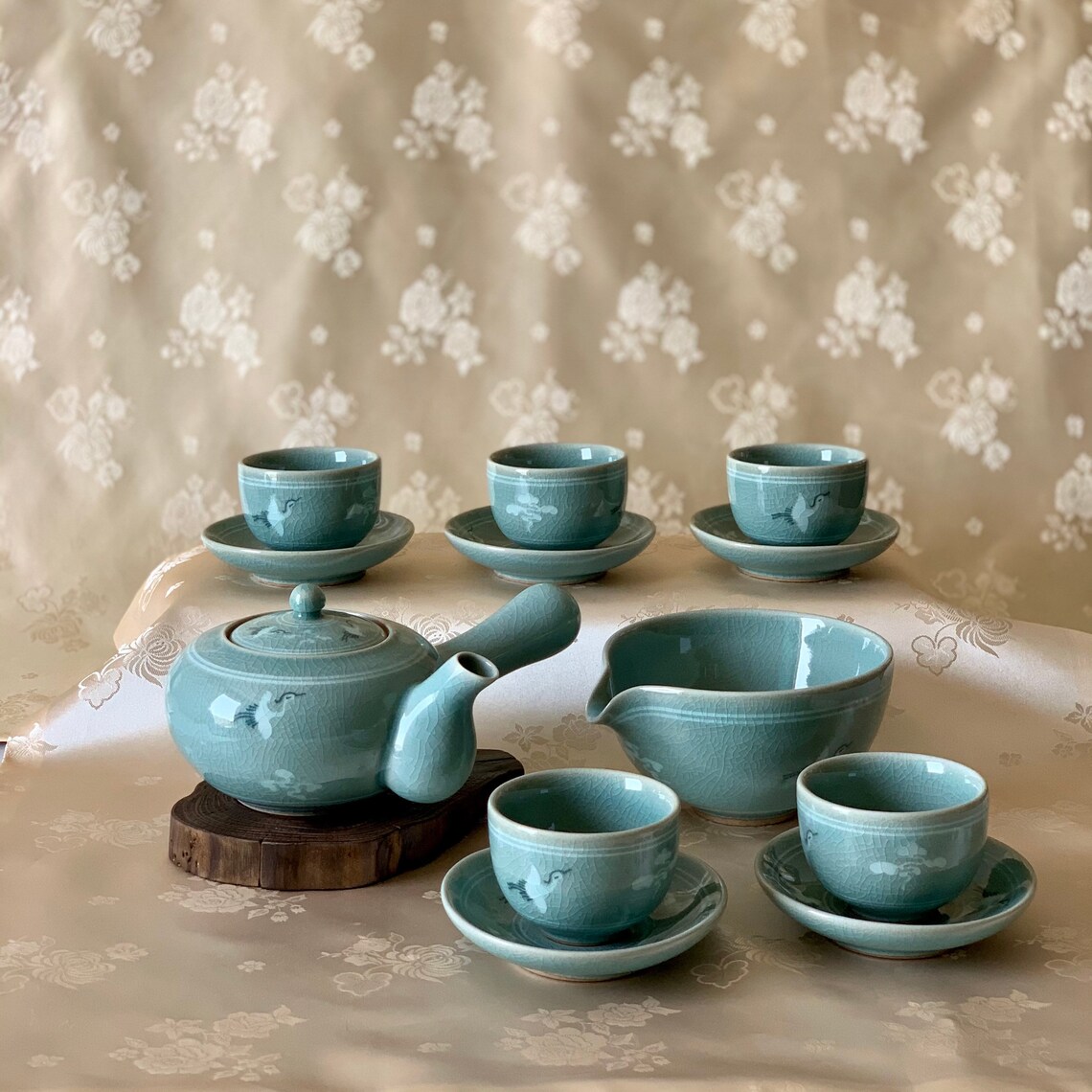 Korean traditional Celadon tea set cranes and clouds pattern Etsy