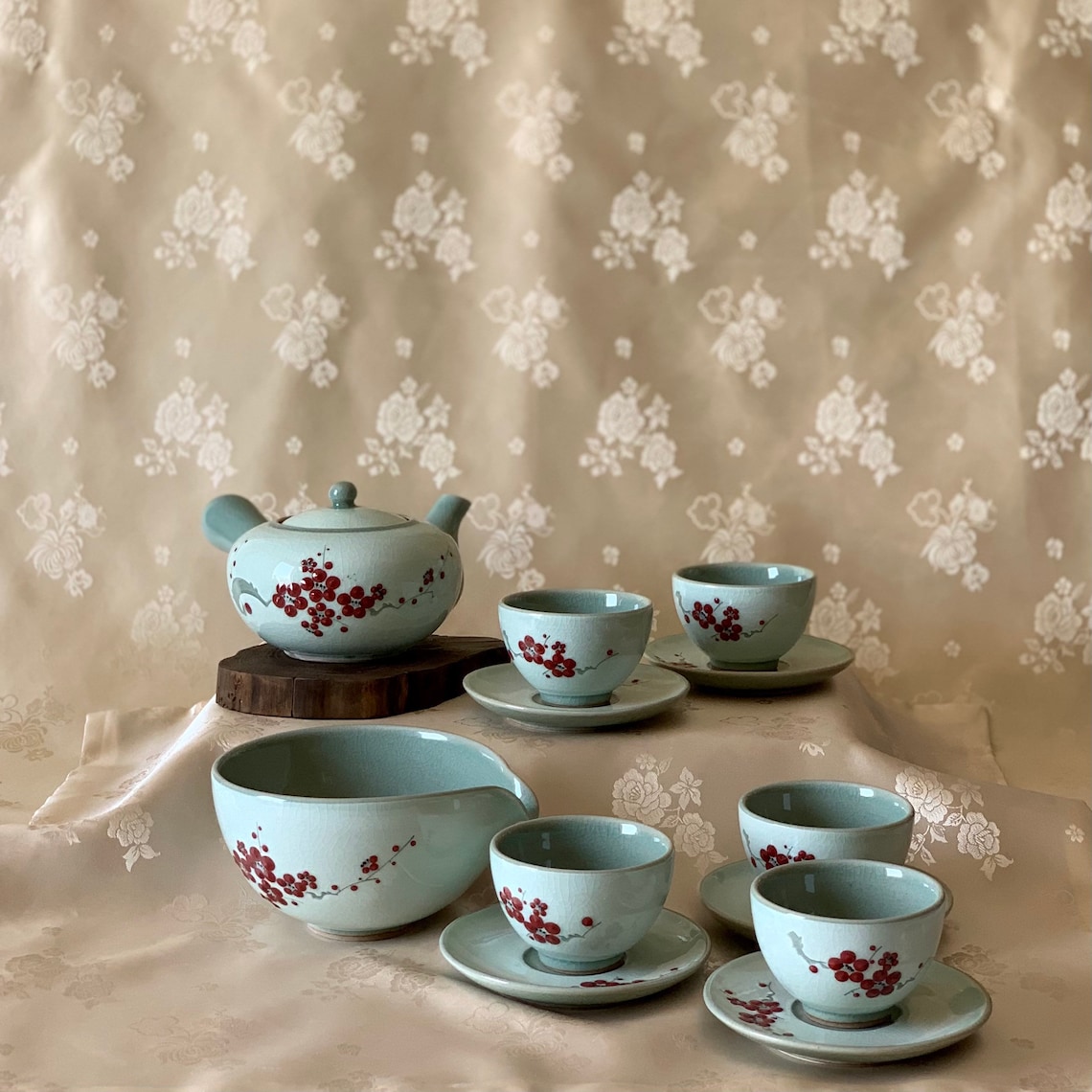 Korean Traditional Celadon Tea Set Red Flower Pattern Etsy Australia