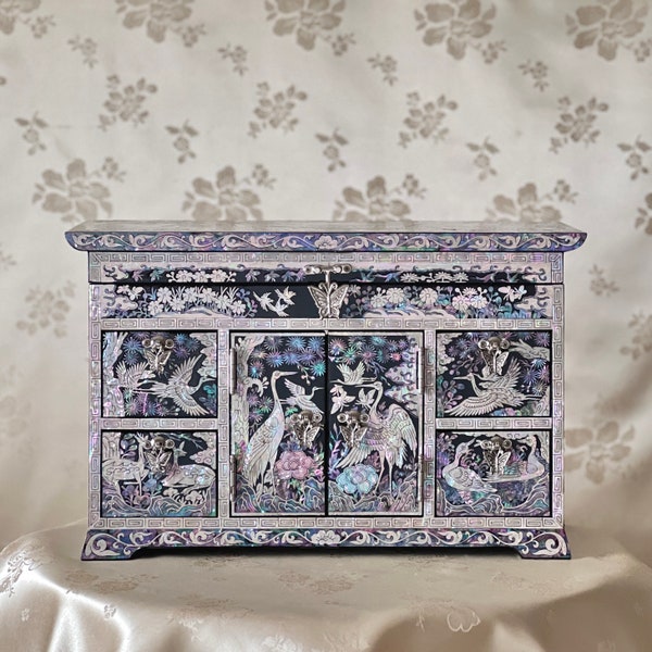 Korean Mother-of-Pearl Double-Door Jewelry Chest: Longevity Motif in Scholar's Desk Form