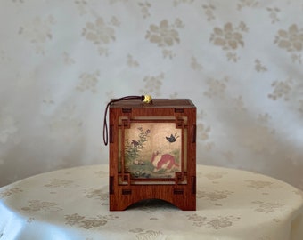 Korean Handmade Wooden Accent Lantern for Hanging with Traditional Painting Pattern (황묘농접도 목재 걸이 등)