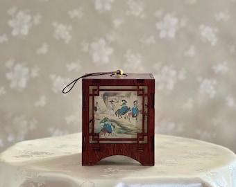 Korean Handmade Wooden Accent Lantern for Hanging with Traditional Painting Pattern (단오풍정, 연소답청 목재 걸이 등)