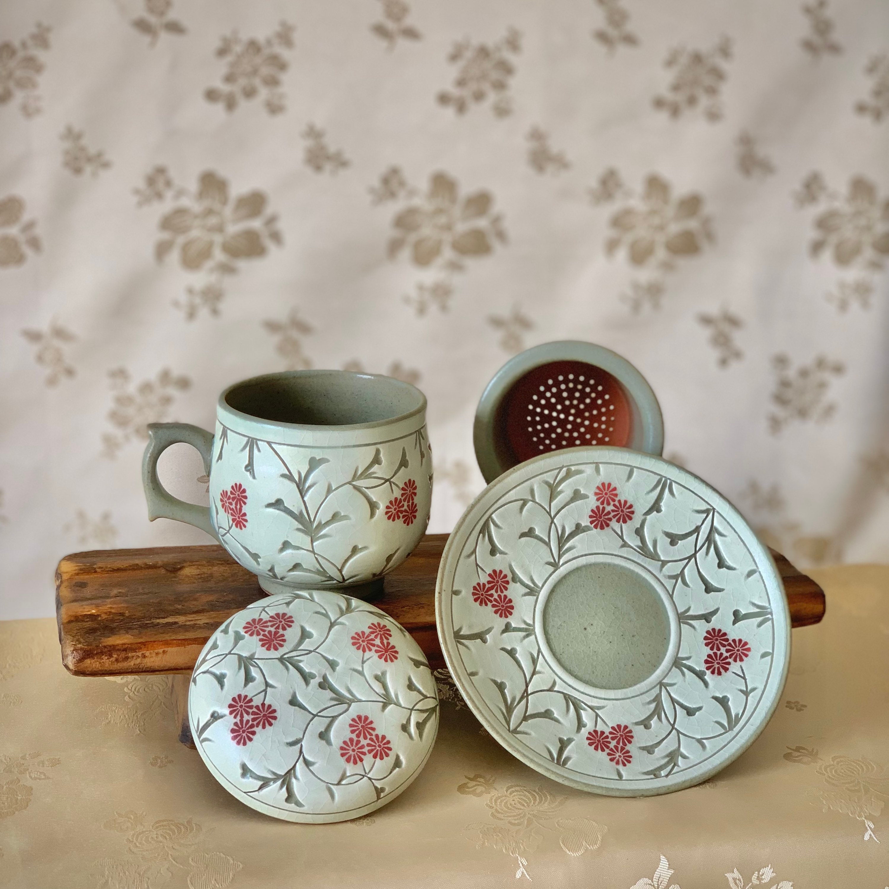 Korean traditional tea cups set with plates flowers pattern Etsy